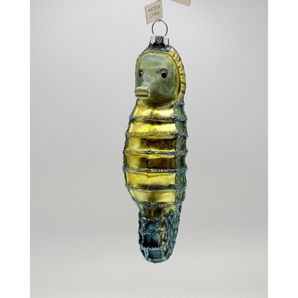 Glass Seahorse Christmas Ornament Blue Yellow Glitter Coastal Nautical Decor - Picture 6 of 6